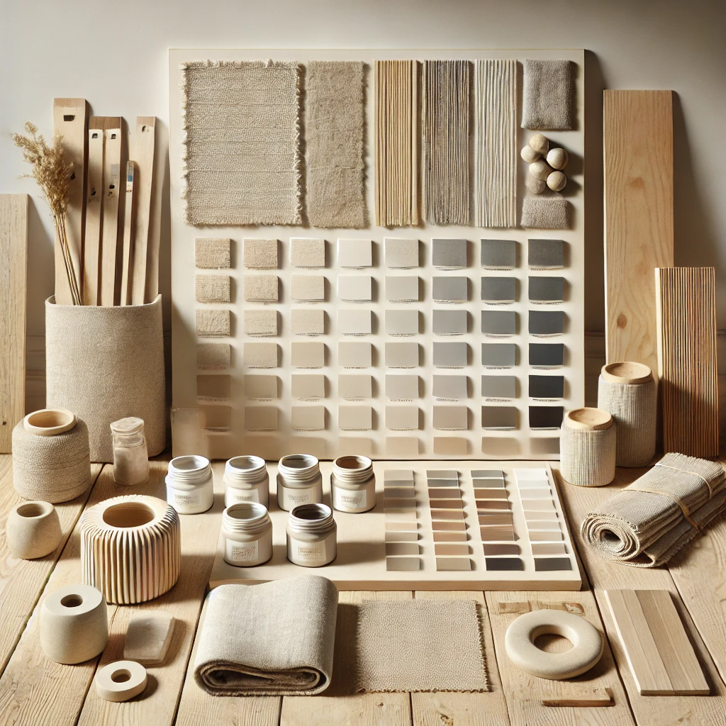 photograph of a sustainable design mood board arranged on a light-colored certified wooden countertop