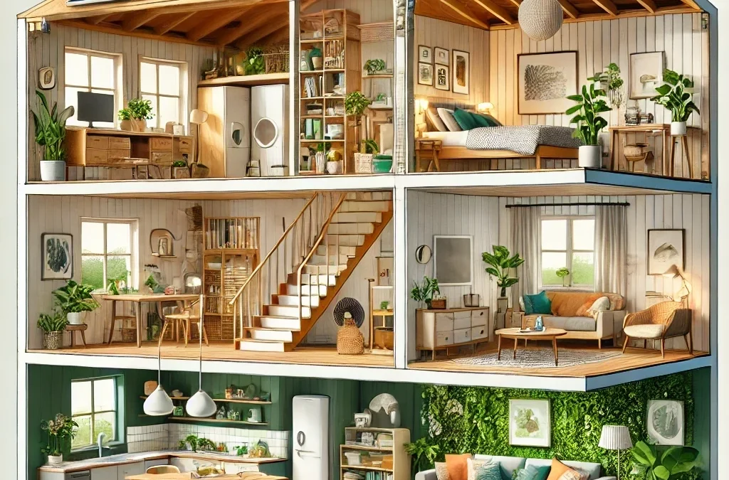 A cross-sectional illustration of a sustainable house, featuring the interior of different rooms_ living room, kitchen, bedroom, bathroom, a