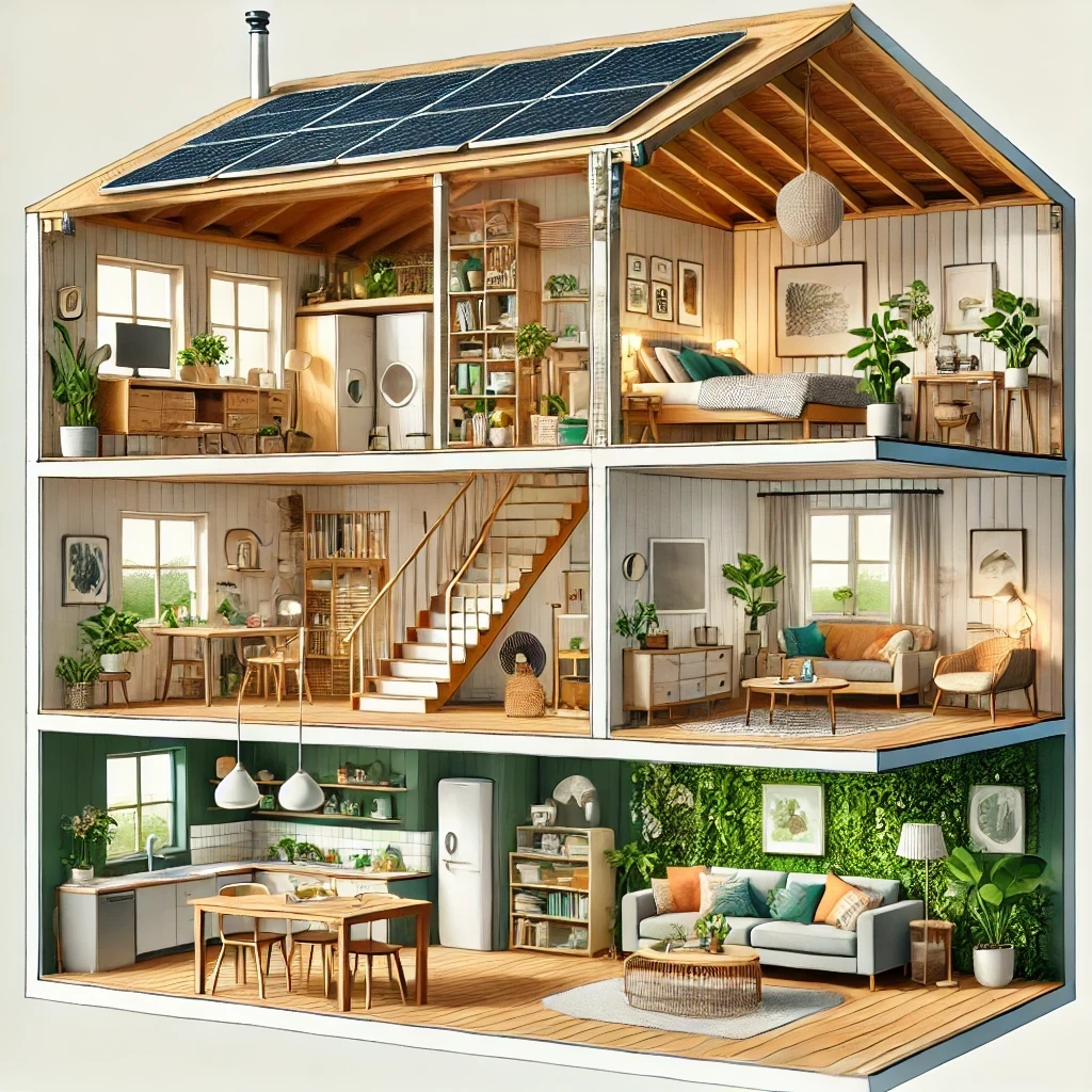 A cross-sectional illustration of a sustainable house, featuring the interior of different rooms_ living room, kitchen, bedroom, bathroom, a