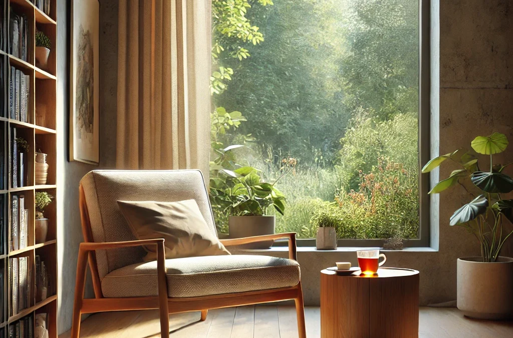 photograph of a cozy reading nook. A modern armchair upholstered in natural fabric is placed next to a tall window