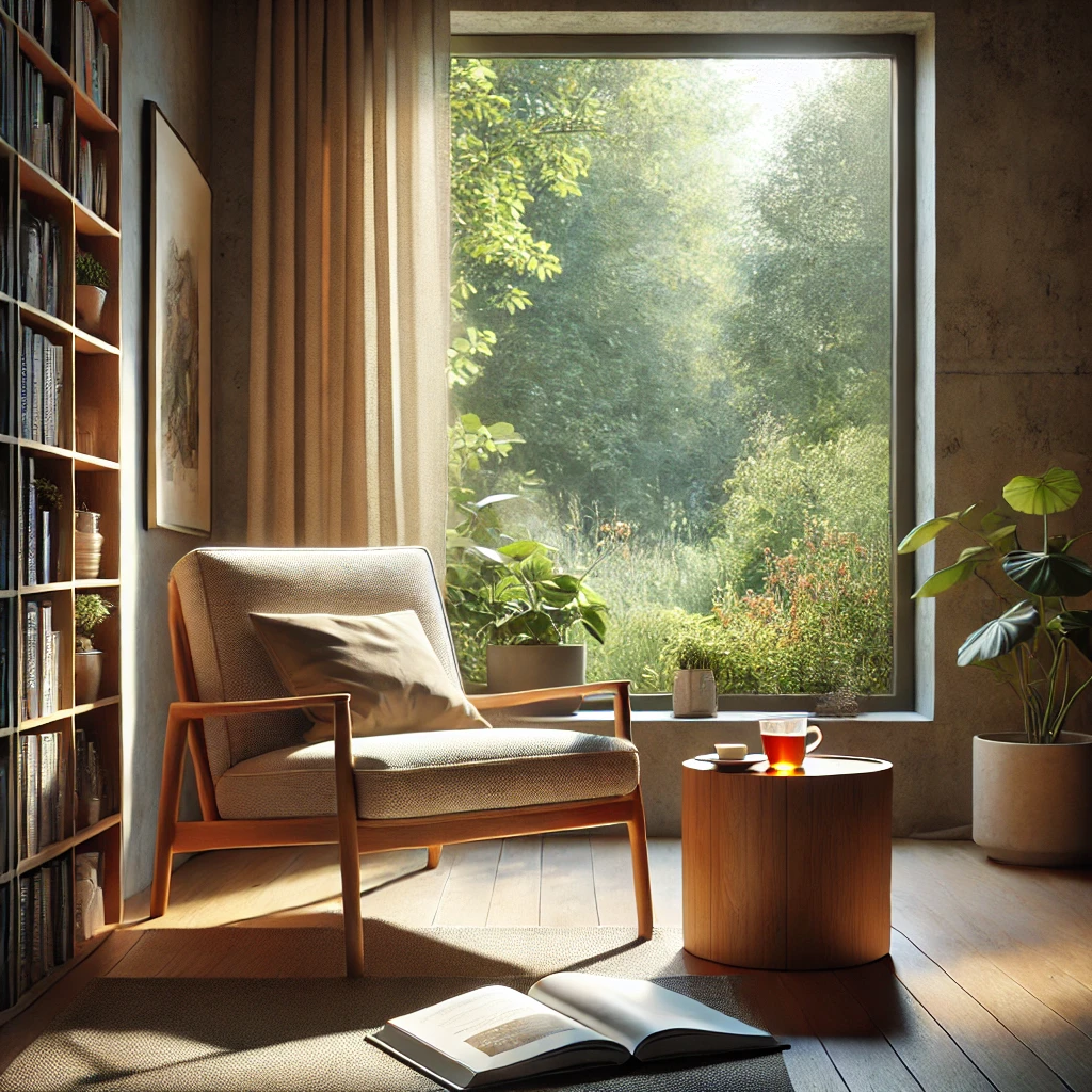 photograph of a cozy reading nook. A modern armchair upholstered in natural fabric is placed next to a tall window