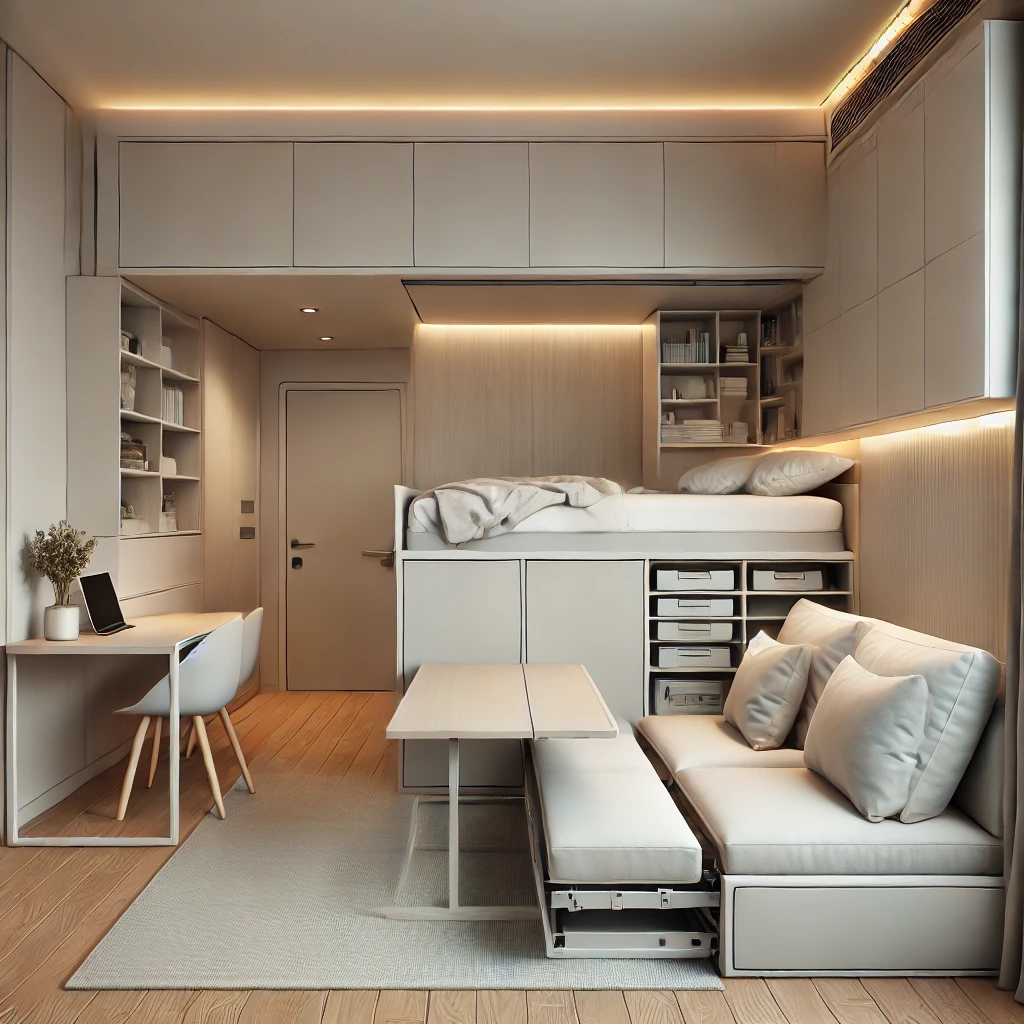 small yet efficiently designed living space featuring multifunctional furniture. The compact room